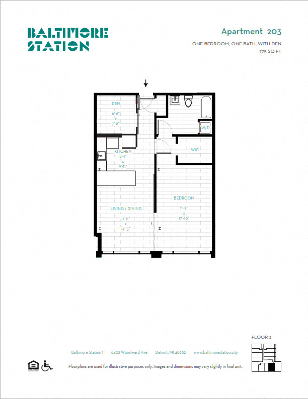 Floor plan for 1 bed, 1 bath, 775 sqft